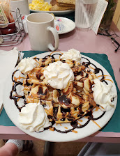 Belgian Waffle W Banana Dark Chocolate And Carmel Drizzle
